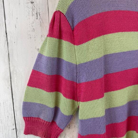 VTG Anne Crimmins Umi Collection Pink/Green Stripe Collared Knit Sweater Large - Picture 3 of 13